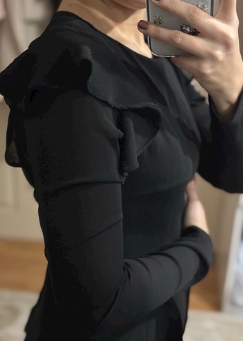 Drapeli Siyah Uzun Kollu Uzun Elbise - Görsel 2