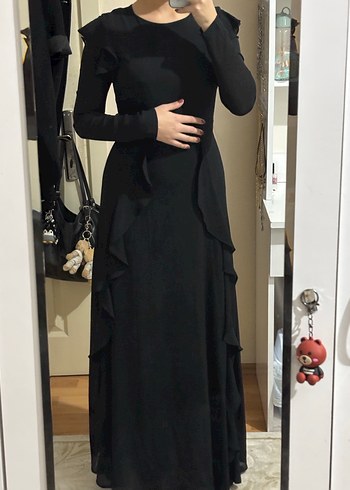 Drapeli Siyah Uzun Kollu Uzun Elbise - Görsel 3