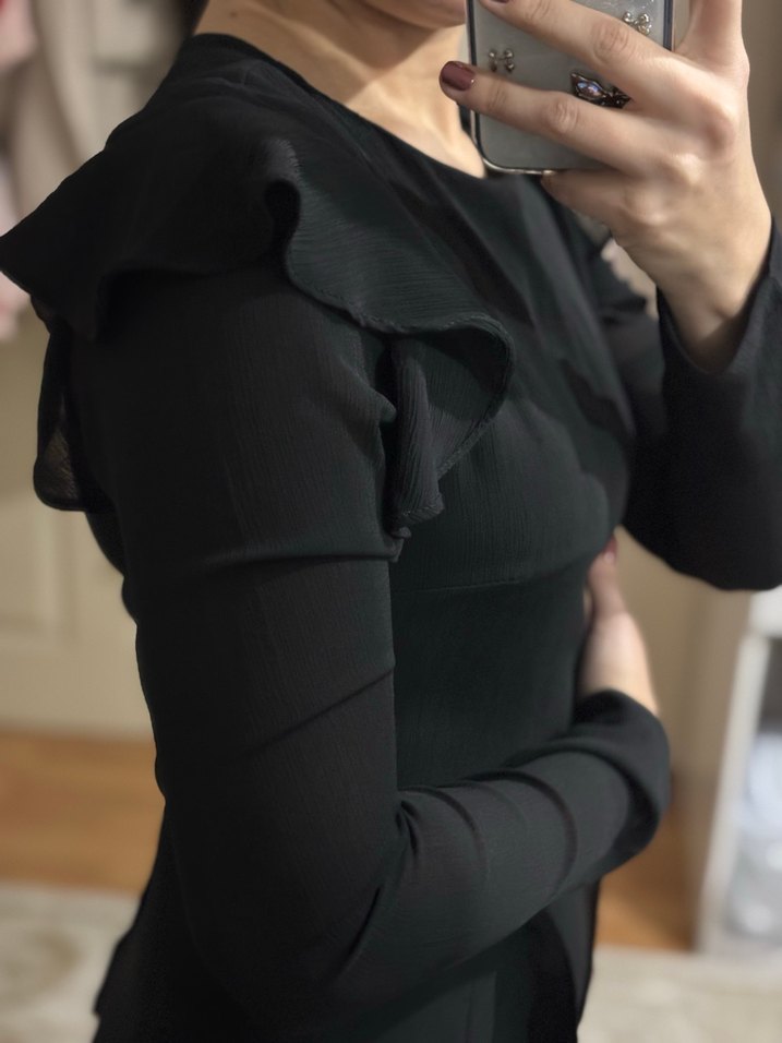 Drapeli Siyah Uzun Kollu Uzun Elbise - Görsel 2