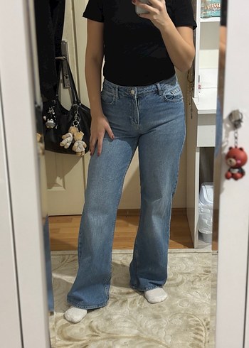 Açık Mavi Orta Bel Wide Leg Jean Pantolon - Görsel 2