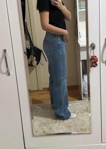 Açık Mavi Orta Bel Wide Leg Jean Pantolon - Görsel 3