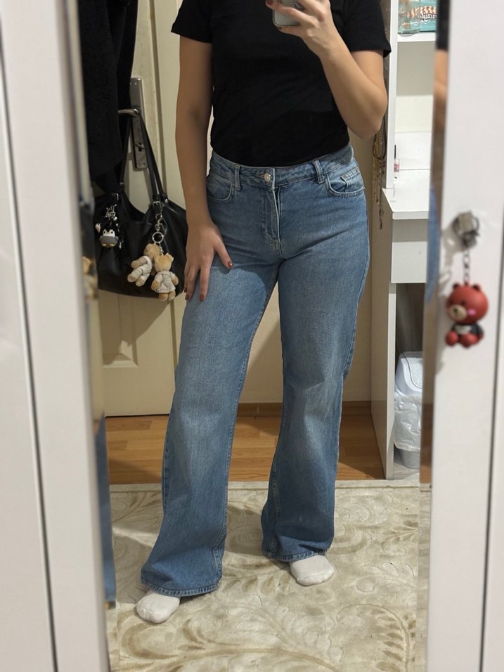 Açık Mavi Orta Bel Wide Leg Jean Pantolon - Görsel 2