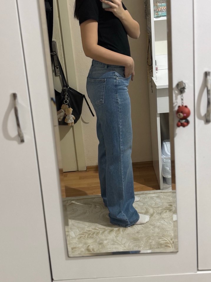 Açık Mavi Orta Bel Wide Leg Jean Pantolon - Görsel 3