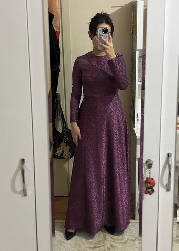 Simli Mor Uzun Kollu Abiye Elbise - Görsel 2