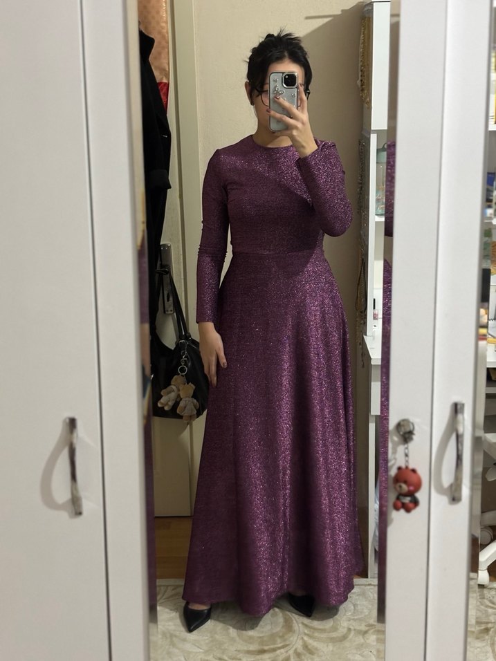 Simli Mor Uzun Kollu Abiye Elbise - Görsel 2