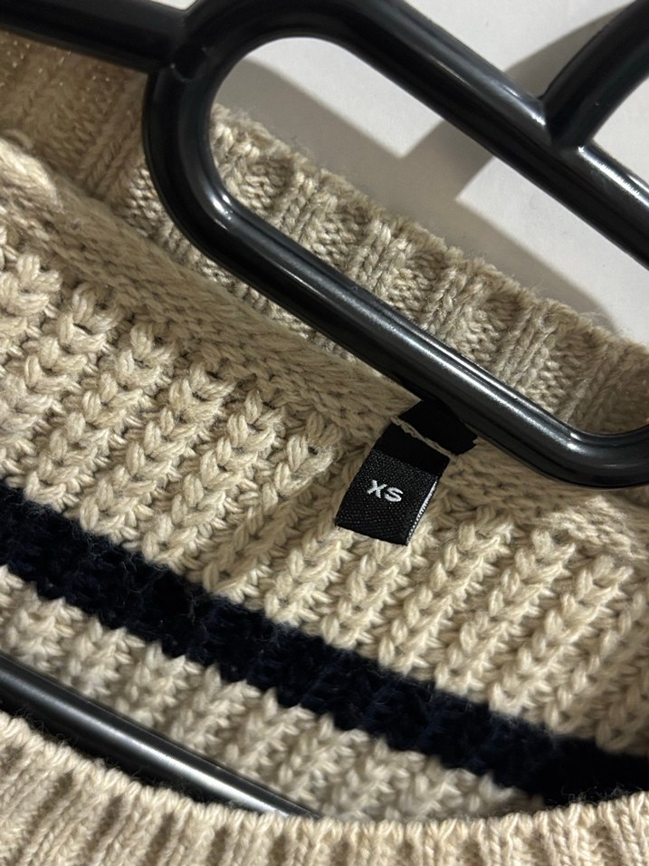 Bej Renk Lacivert Çizgili Örgü Kadın Kazak - Görsel 2