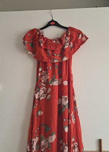 Kırmızı Çiçekli Salaş Omzu Açık Uzun Elbise - Görsel 5