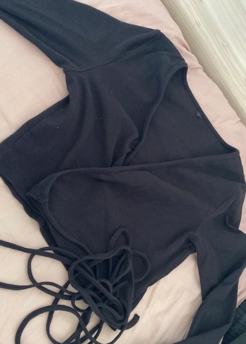 Diğer Siyah V Yaka Strappy Bluz iplikli