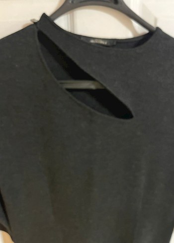 V Yaka Deri Detaylı Uzun Antrasit Elbise - Görsel 6