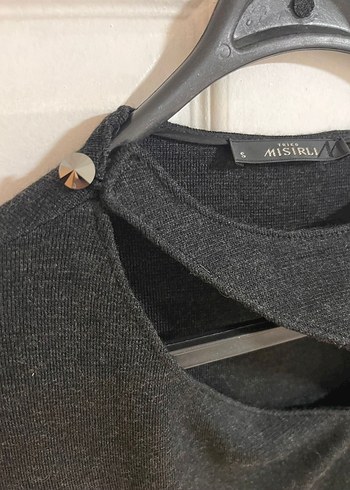 V Yaka Deri Detaylı Uzun Antrasit Elbise - Görsel 7