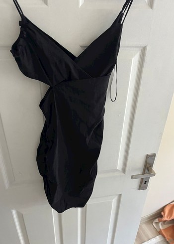Siyah Drapeli V Yaka Mini Elbise - Görsel 2