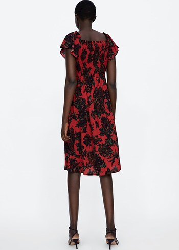 Kırmızı Bohem Midi Straplez Elbise - Görsel 5