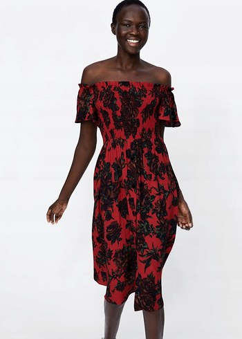 Kırmızı Bohem Midi Straplez Elbise - Görsel 3