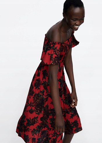 Kırmızı Bohem Midi Straplez Elbise - Görsel 2