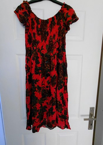 Kırmızı Bohem Midi Straplez Elbise - Görsel 9