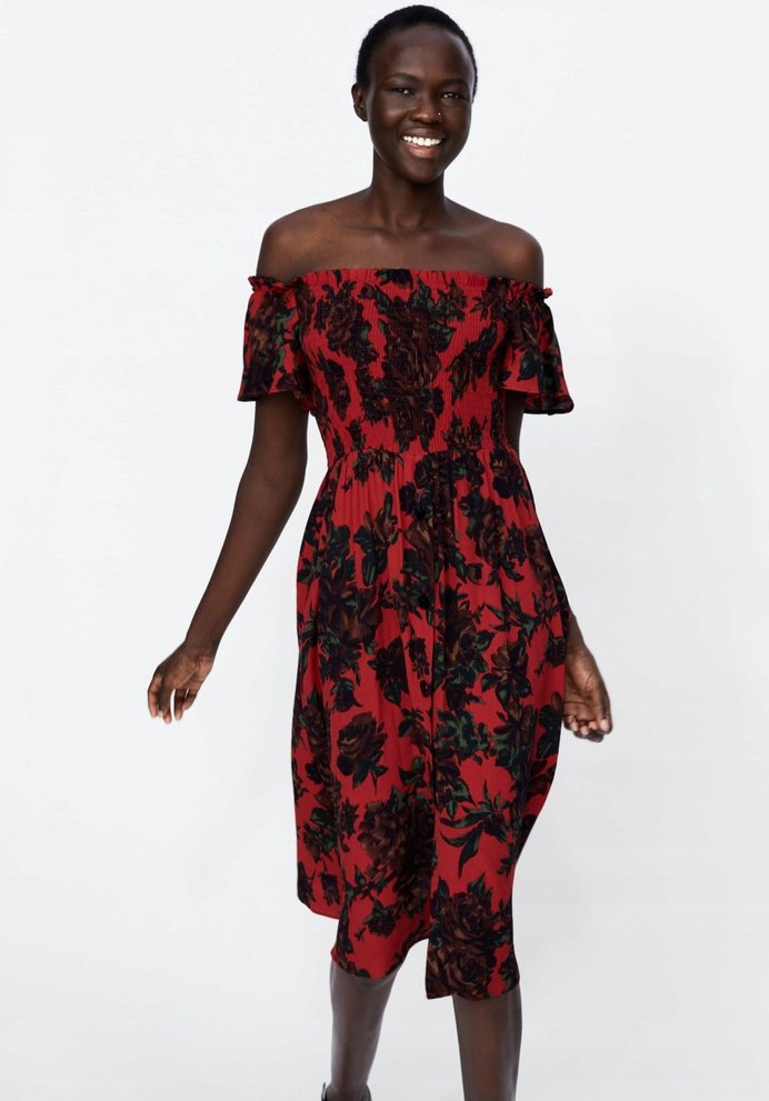 Kırmızı Bohem Midi Straplez Elbise - Görsel 3