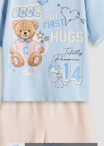 7 Yaş Beden mavi Renk Mavi Baskılı Kısa Kollu Kız Çocuk Pijama Takımı