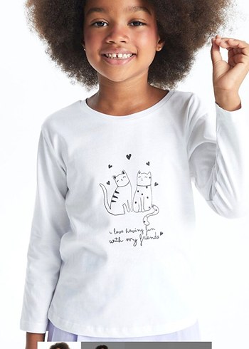 Kız Çocuk Uzun Kollu Baskılı Beyaz Tişört - Görsel 3