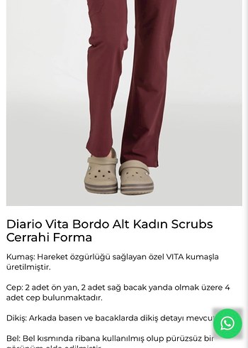 Vita Bordo Kadın Scrubs Hemşire Cerrahi Pantolon - Görsel 2