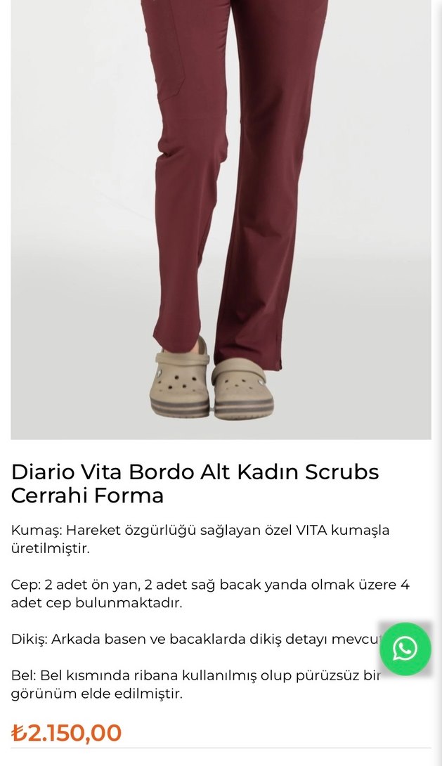Vita Bordo Kadın Scrubs Hemşire Cerrahi Pantolon - Görsel 2
