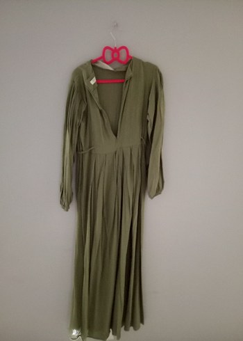 Bohem V Yaka Keten Uzun Elbise - Görsel 2