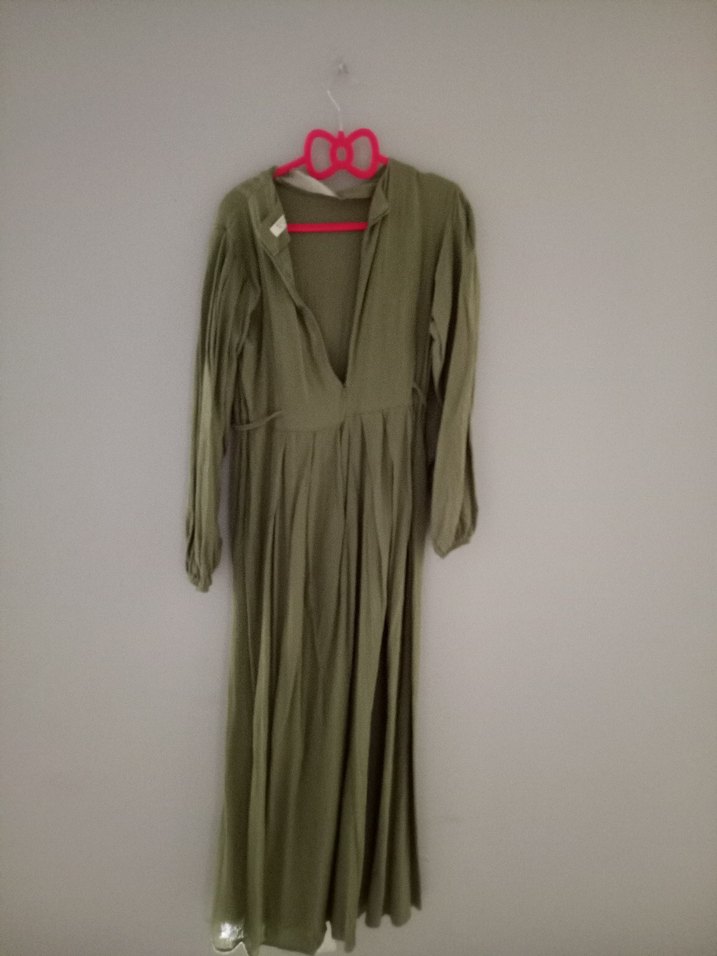 Bohem V Yaka Keten Uzun Elbise - Görsel 2