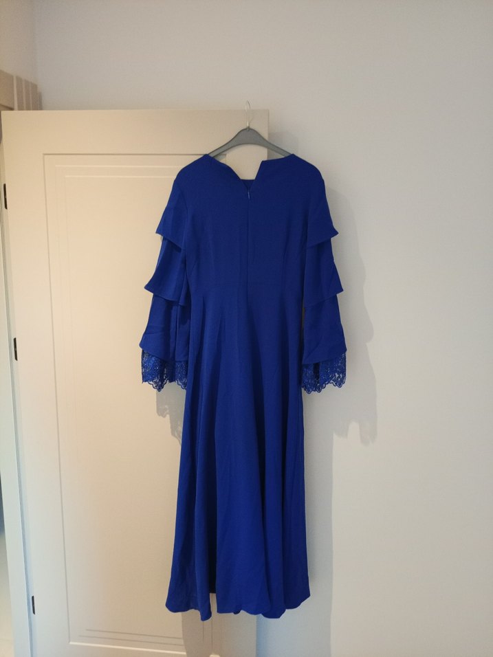 Uzun Kollu Lacivert Drapeli Kadın Abiye Elbise - Görsel 2