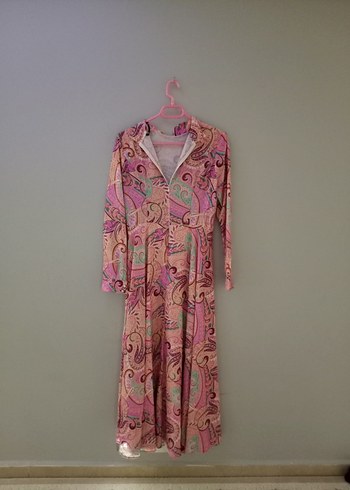 Gamze Polat marka Pembe Bohem Uzun Kollu V Yaka Elbise - Görsel 2