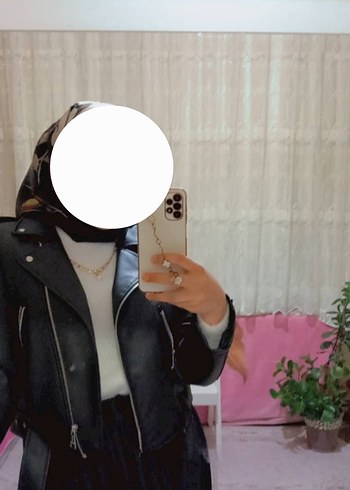 Kemerli Siyah Mini Biker Deri Ceket - Görsel 5