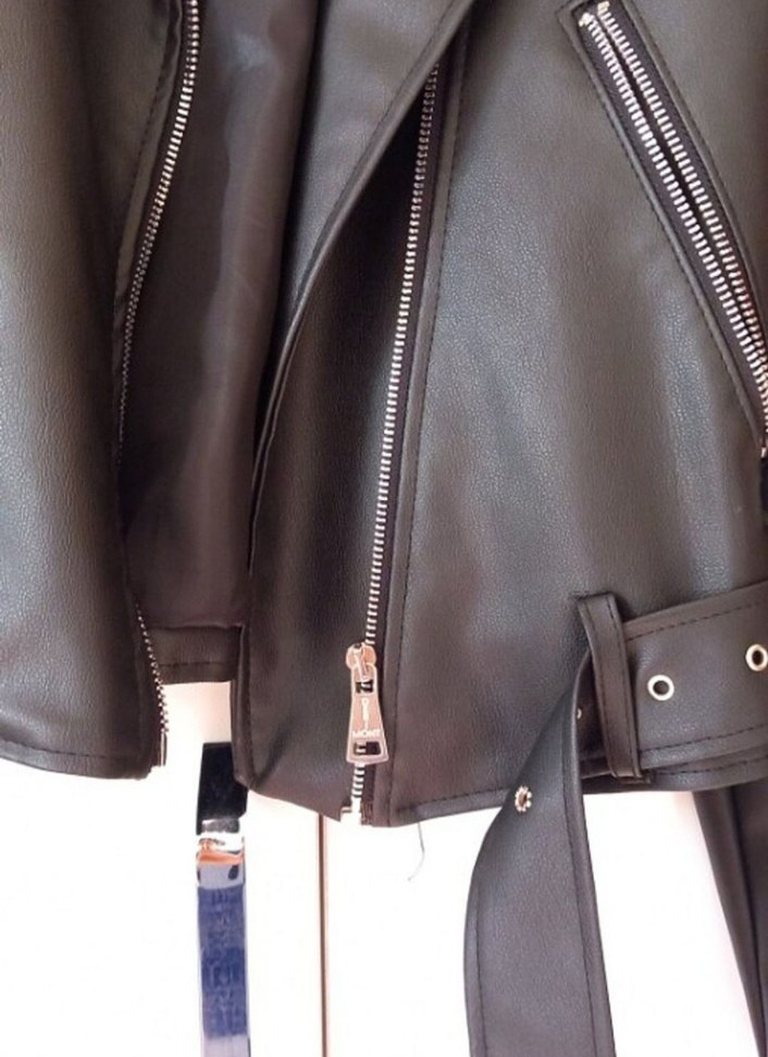 Kemerli Siyah Mini Biker Deri Ceket - Görsel 2