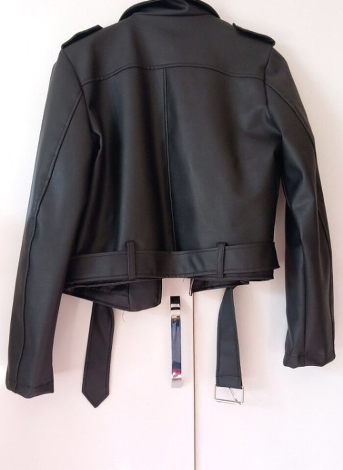 Kemerli Siyah Mini Biker Deri Ceket - Görsel 4