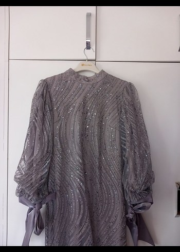 Gri Uzun Kollu Drapeli Abiye Elbise - Görsel 2