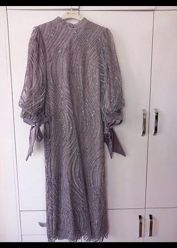 Gri Uzun Kollu Drapeli Abiye Elbise - Görsel 4