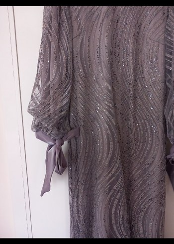 Gri Uzun Kollu Drapeli Abiye Elbise - Görsel 5