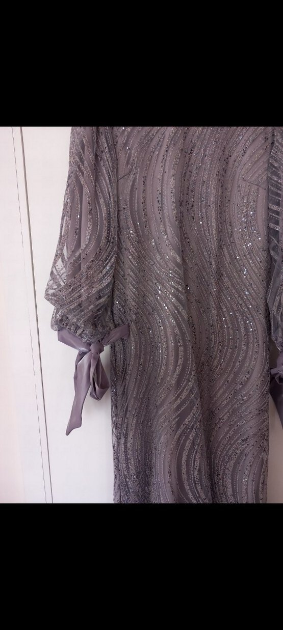 Gri Uzun Kollu Drapeli Abiye Elbise - Görsel 5