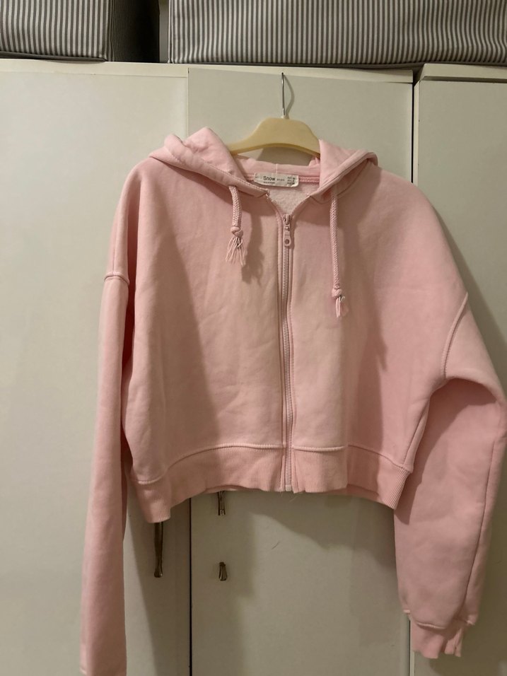Pembe Kapüşonlu Fermuarlı Mini Sweatshirt - Görsel 4