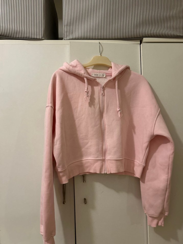 Pembe Kapüşonlu Fermuarlı Mini Sweatshirt - Görsel 5