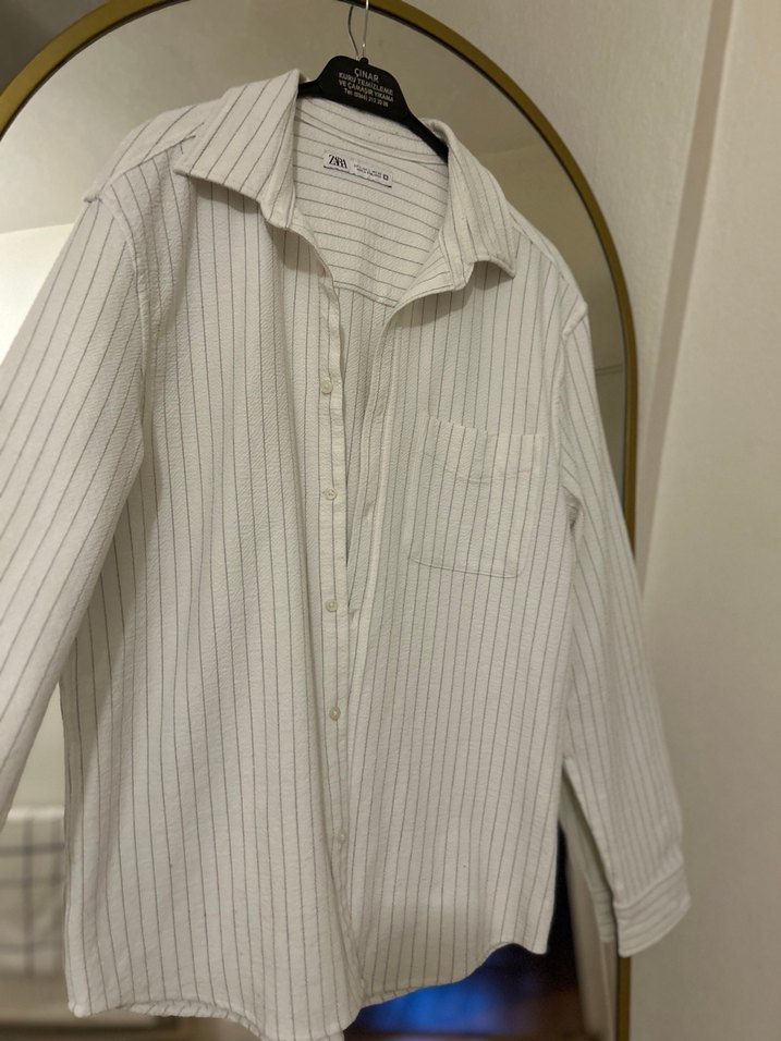 Düğmeli Beyaz Keten Kadın Gömlek - Görsel 3