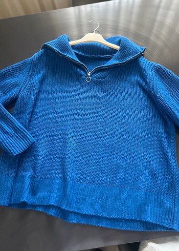 Mavi Yarım Fermuarlı Yüksek Yakalı Triko Kazak - Görsel 3