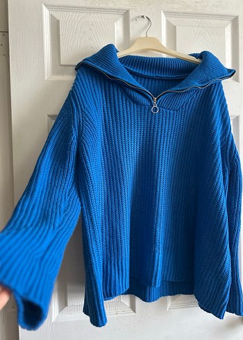 Mavi Yarım Fermuarlı Yüksek Yakalı Triko Kazak - Görsel 2