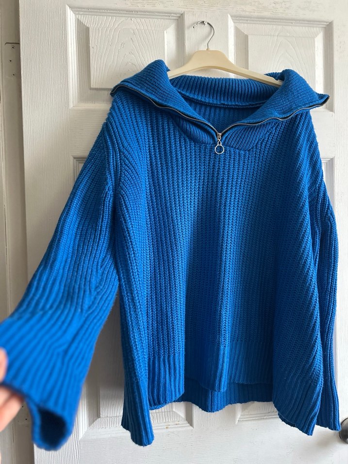 Mavi Yarım Fermuarlı Yüksek Yakalı Triko Kazak - Görsel 2