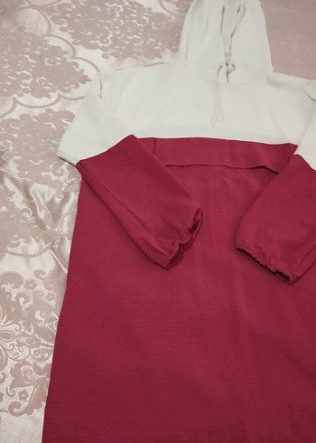 38 Beden Kapüşonlu Bordo-Gri Midi Sweatshirt