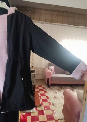 l Beden pembe Renk Pembe Kürklü Siyah Midi Kadın Mont