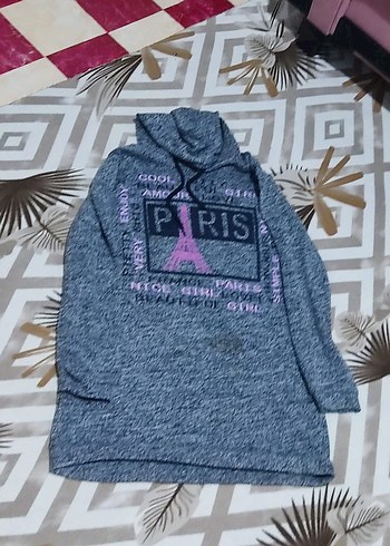 m Beden Kapüşonlu Uzun Gri Kadın Sweatshirt