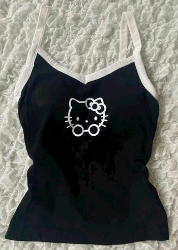 Siyah Beyaz Hello Kitty Baskılı İnce Askılı Kadın Atlet