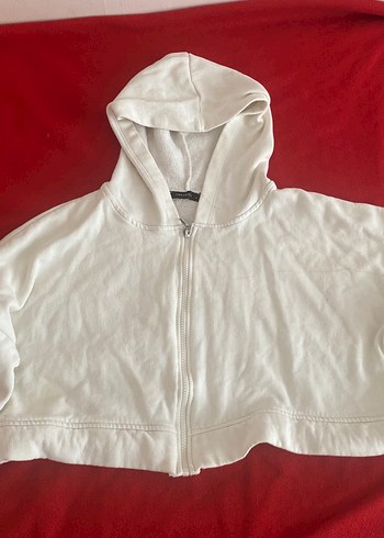 Kadın Beyaz Kapüşonlu Fermuarlı Sweatshirt