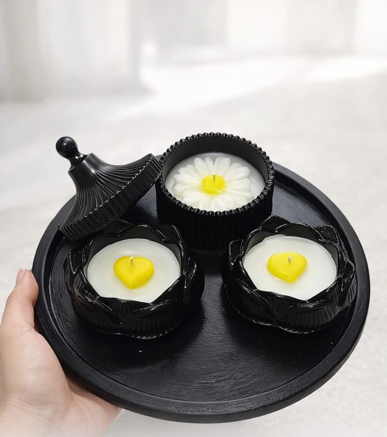 Siyah Tepsili Beyaz Çiçekli Mum Seti - Görsel 2