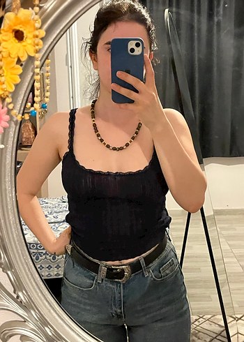 Siyah Halter Yaka Denim Askılı Üst