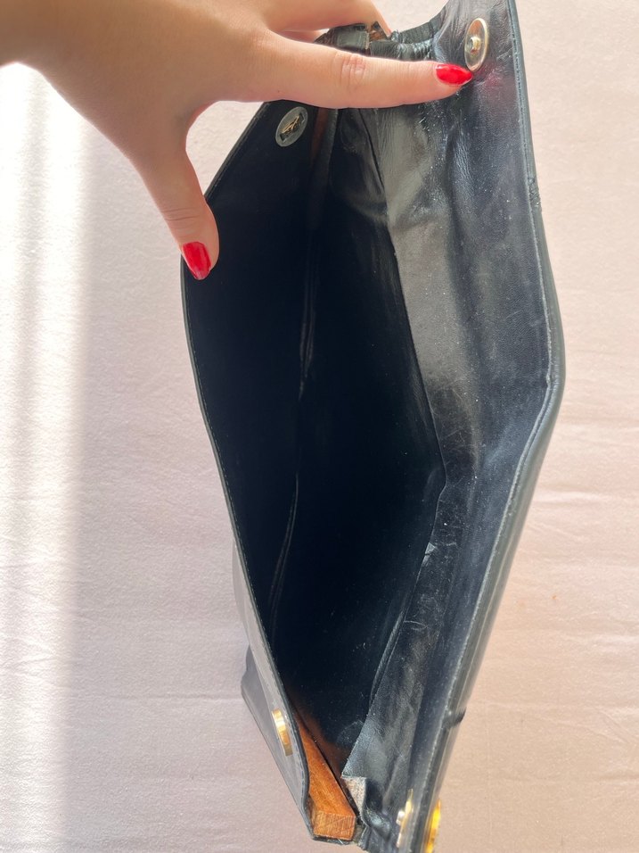 Vintage Siyah Deri Tokalı Kadın Portföy Çanta - Görsel 5