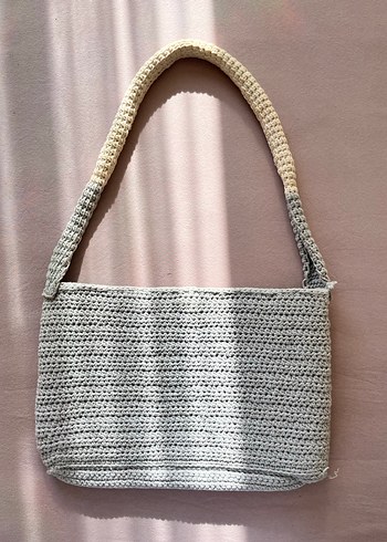 Açık Gri Çiçek Desenli Örgü Bohem Kadın Çantası - Görsel 2